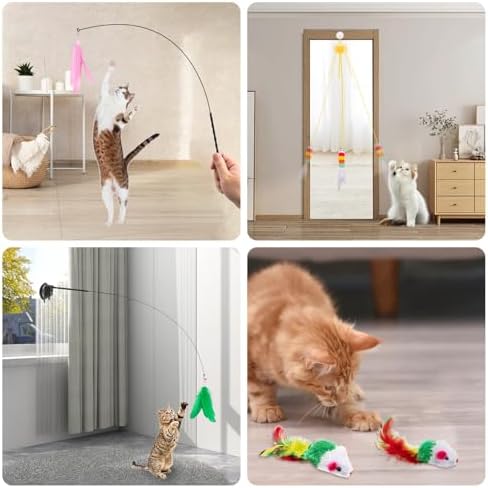 Depets Cat Wand Toy, 15 Pcs Interactive Cat Feather Toys for Indoor Self Play & Exercise, 2 Play Modes Kitten Teaser Wand, Reusable Suction Cup Kitten Toys