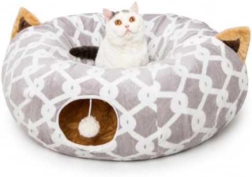 Large Cat Tunnel Bed Under Christmas Tree with Fluffy Toy Balls, Small Cushion and Flexible Design- 10 inch Diameter, 3 ft Length- Great for Cats, and Small Dogs, Gray Geometric Figure