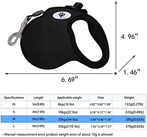 16 ft Retractable Dog Leash for Large Dogs up to 44 lbs,Tangle-Free Nylon Tape,Black Dan M