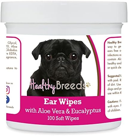 Healthy Breeds Pug, Black, Ear Cleaning Wipes with Aloe & Eucalyptus for Dogs 100 Count