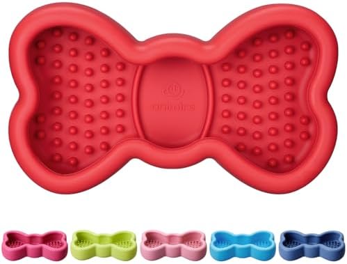 Lick Mat for Dogs, Animire Anti-Spilled Bow Tie Lick Bowls for Anxiety Relief, Silicone Slow Feeder Licking Pad with Suction Cups, Freezeable Dog Enrichment Toy for Boredom and Distraction(Red,L)