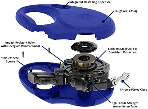 TUG Oval 360° Tangle-Free Retractable Dog Leash with Integrated Waste Bag Dispenser (Large, Blue)