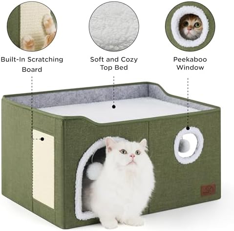Bedsure Extra Wide Cat House Bed with Fluffy Ball and Scratch Pad