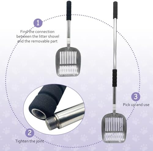 PINVNBY Cat Litter Scooper, Long Handle Litter Sifter Scoop with Litter Scoop Holder Stainless Steel Kitten Scooper Deep Kitty Litter Scooper with Box Metal Detachable Sifting Litter Shovel Set