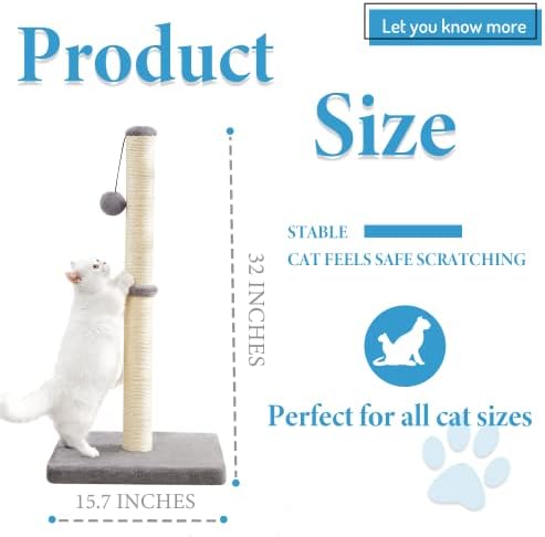 MeowHomm 32'' Tall Cat Scratching Post Cat Scratcher with Hanging Ball, Durable Cat Scratching Post for Indoor with Sisal Rope (Gray)