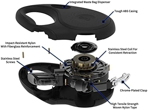 TUG Oval 360° Tangle-Free Retractable Dog Leash with Integrated Waste Bag Dispenser (Large, Black)