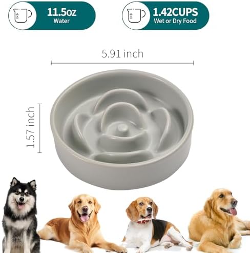 Grey Ceramic Slow Feeder Dog Bowl for Small and Medium Breeds,6.1 in Slow Feeding Bowl,Puzzle Cat Dog Food Bowl for Fast Eater,Maze Dish Puzzle Bowl for Small Dogs and Cats