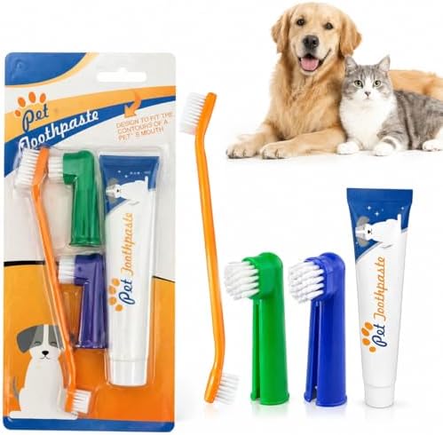 Dog Toothbrush Kit of 4,Pet Supplies with Beef-Flavored Pet Toothpaste,Facilitating Teeth Cleaning and Oral Care, Dual Head/Finger Toothbrush for Small to Large Cats,Dogs and Most Pets