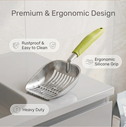 Heavy Duty Cat Litter Scoop with Holder - All Metal Cat Litter Scooper with Holder - Reduces Dust & Waste - Kitty Litter Sifting Shovel Comfy Handle - Stainless Steel Cats Litter Scooper