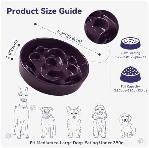 Ceramic Slow Feeder Dog Bowl, 1.8 Cups Anti -Slip Slow Feeding Bowl to Slow Down Eating, 8.2 Inch Dog Food Dish for Medium to Large Breeds, Purple