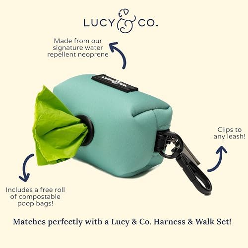 Lucy & Co. Spring Green Dog Poop Bag Holder and Dispenser, Clips to Leash, Water-Repellent Neoprene, Includes Refill Roll