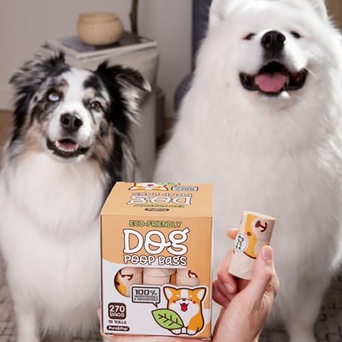 Pure & Pup 100% Certified Home Compostable Dog Poop Bags - Plant Based Corn Starch - Cute Poop Bags - 18 Dog Poop Bags Rolls - Extra Strong & Leak Proof - ASTM D6400 & EN 13432 Compliant - 270 Count