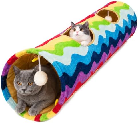 Cat Tunnel -Straight-Shaped, Rainbow Wave Color, Soft Velvet Exterior, Oxford Fabric Fog-Proof Interior, Plush Toy Ball, Easily Washable, Conveniently Foldable, 47.2in/120cm
