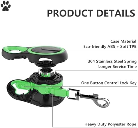 Dual Retractable Dog Leash for 2 Dogs (Green) - 16ft Heavy Duty Leash with One Button Lock & 360° Tangle-Free Design, for Medium/Large Dogs up to 110lbs/50kg