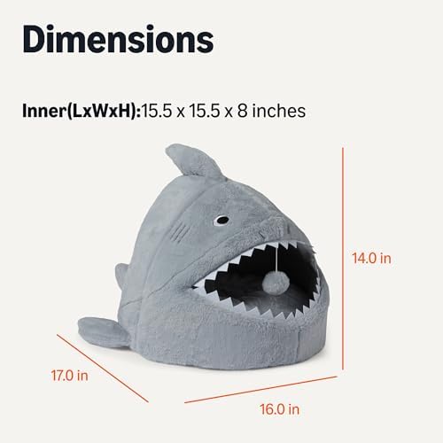 Amazon Basics Shark Shape Cat House for Indoor Cats, Enclosed Design Helps Reduce Anxiety in Nervous Pets, with Washable Cushioned Pillow, 17" x 16" x 14", Grey
