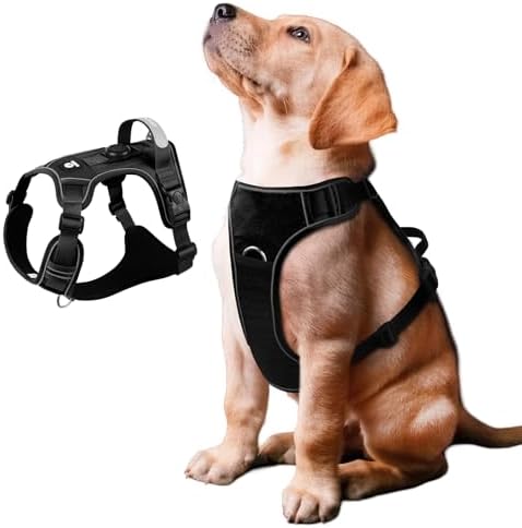 Upgraded Dog Harness with AirTag Holder, Escape Proof Adjustable Vest for Puppy Outdoor Walking, Soft Breathable Jacket with Reflective Strips for Dark Night (Black, M)