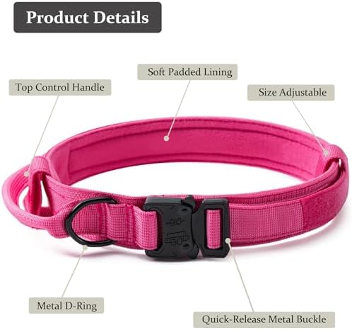 Tactical Dog Collar, Adjustable Military Training Nylon Pet Collar, Pink M