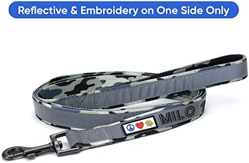 Pawtitas Personalized Camo Grey Dog Leash 6 ft Custom ID Lead for Dogs & Puppies Reflective Comfortable Padded Handle Embroidered Name & Phone Number