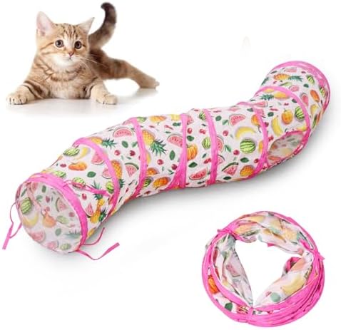 Andiker Cat Tunnel for Indoor Cats, 45" Long Rainbow Collapsible Kitten Tube with a Fun Ball and 2 Holes Cat Play Tunnel, Rabbit Tunnel for Kittens Exercising Hiding Training and Running (S Pink)