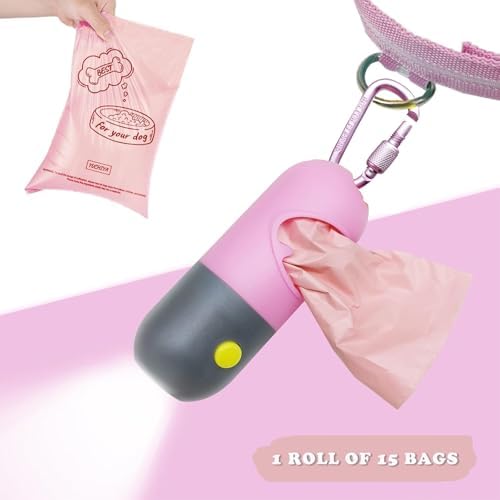 Dog Waste Bags Holder with LED Flashlight Doggie Poop Bags Dispenser with 13 Rolls Leak-Proof Pet Trash Bags Rechargable USB Cable(Pink)