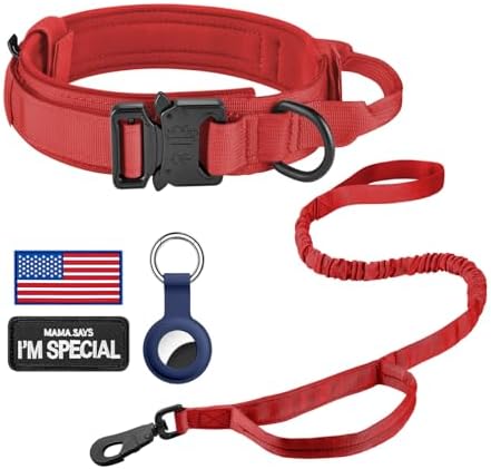 DAGANXI Tactical Dog Collar, Adjustable Military Training Nylon Dog Collar with Control Handle and Heavy Metal Buckle for Medium and Large Dogs, with Patches and Airtags Case (Red-Set, M)