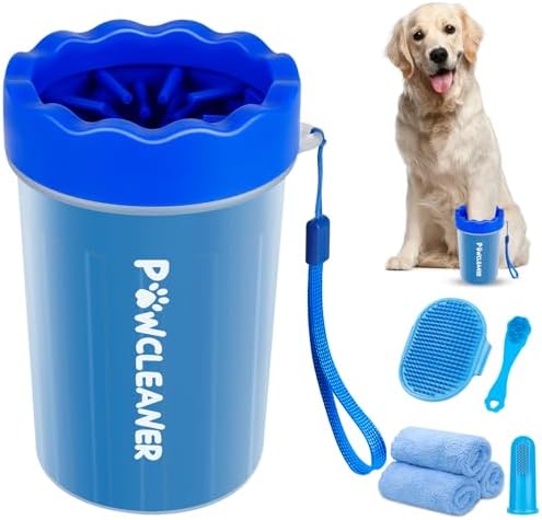 Professional 7 in 1 Dog Paw Cleaner for Dogs - Includes 1 Portable Paw Washer, 1 Bath Brush, 2 Dog Toothbrushes and 3 Absorbent Towels Note: Fits Paws 1.5 to 2.5 Inches Wide (Medium, Navy Blue)