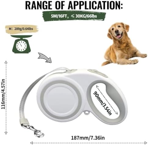 10-16FT,66LBS,Highly Reflective Retractable Dog Leash, M-Gray