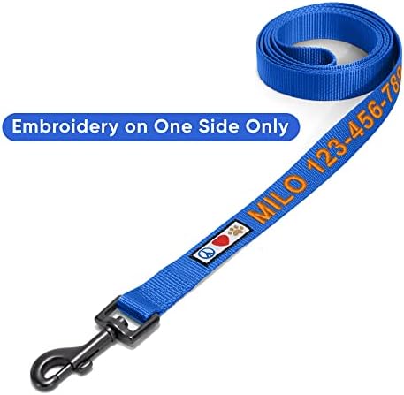 Pawtitas Personalized 6 ft Blue Dog Leash M/L Custom Name and Phone Embroidery Strong Nylon Leash for Medium and Large Breeds
