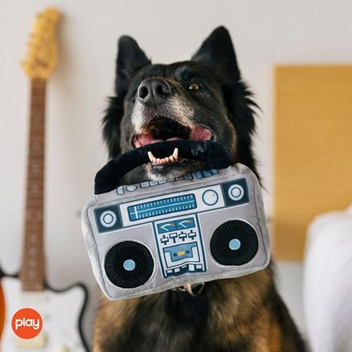P.L.A.Y. Cute Plush Dog Toys - 1980s Classics Themed Durable Squeaker 2-in-1 Chew Toy, Great for Puppies & Small, Medium, Large Dogs - Machine Washable, Recycled Materials (Boop Box Boombox & Casette)