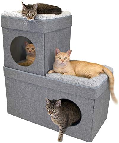 Kitty City Large Stackable Cat Condo & Cube House, Modular Indoor Cat Furniture with Plush Washable Beds, Collapsible Cat Cave & Lounging Ottoman, Grey
