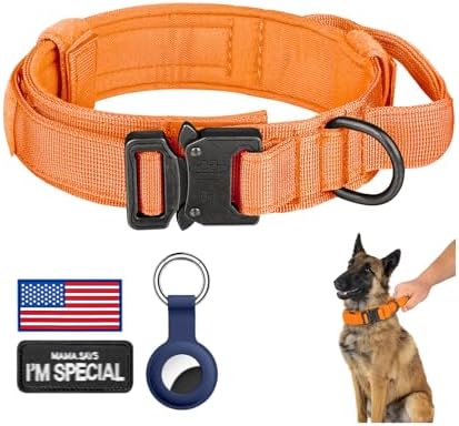 DAGANXI Tactical Dog Collar, Adjustable Military Training Nylon Dog Collar with Control Handle and Heavy Metal Buckle for Medium and Large Dogs, with Patches and Airtags Case (Orange, XL)