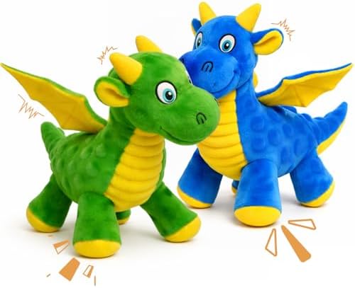 2 Pack Squeaky Dog Toy - Plush Dragon with 5 Squeakers and Crinkle Wings