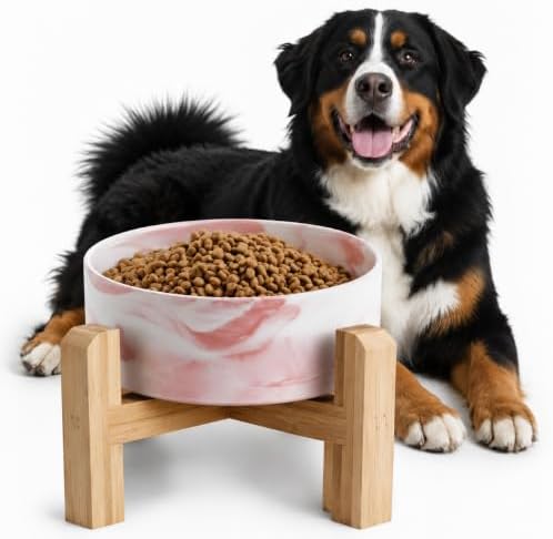 Elevated/Raised Ceramic Dog Bowl with Bamboo Stand,Marble Pattern 7 Inch 7.6 Cups Non Slip Heavy Weighted Single Pet Dish,Anti Tipping,Reduces Neck Strain Marble Pink