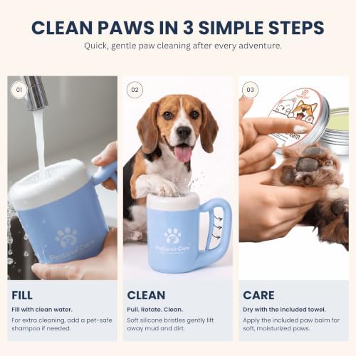 Dog Paw Cleaner, Paw Washer Cup with Soft Silicone Bristles, Portable Dog Foot Washer, 4-in-1 Paw Cleaner Kit with Paw Balm, Microfiber Towel & Grooming Brush (Blue, Medium)