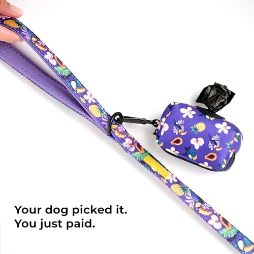 KIKI & RIKI Premium Dog Poop Bag Holder, Waste Bag Dispenser with Leash Clip, Artist-Designed Print (Designed in Georgia), Includes 1 Starter Roll of Bags, Fits Standard Rolls, Purple (Tropical Vibes)