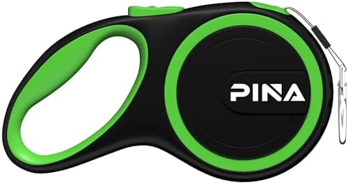 PINA Retractable Dog Leash, 10ft Dog Leash for Small Dogs Up to 33lbs, 360° Tangle-Free Strong Reflective Nylon Tape, with Anti-Slip Handle, One-Handed Brake, Lock - Black Green