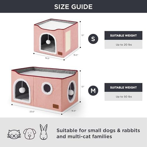 Bedsure Extra Wide Cat House Bed with Fluffy Ball and Scratch Pad,Pink
