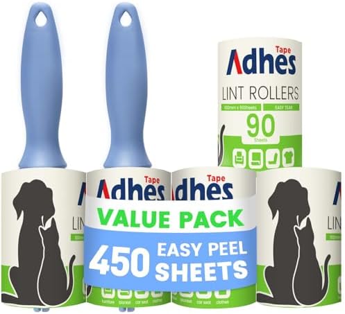 ADHES Lint Roller for Pet Hair – 5 Rolls + 2 Handles, 4 Inch x 90 Sheets