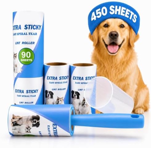 Pet Hair Remover Roller, Extra Sticky, 5 Rolls 450 Sheets, Dust Cover
