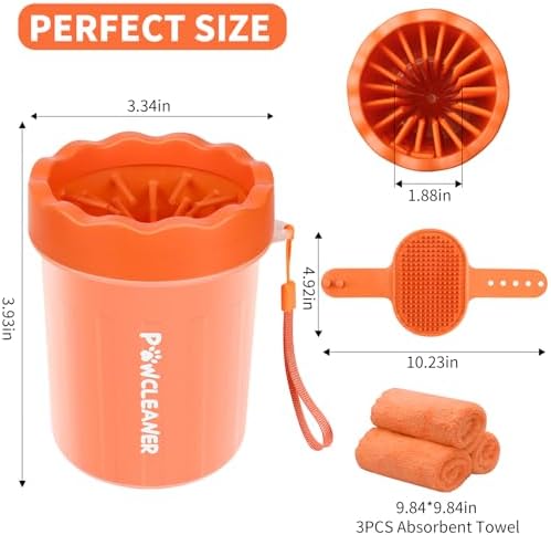 Professional 7 in 1 Dog Paw Cleaner for Dogs & Cats - Includes 1 Portable Paw Washer, 1 Bath Brush, 2 Dog Toothbrushes and 3 Absorbent Towels Note: Fits Paws up to 2 Inches Wide (Orange, Small)