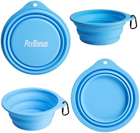 PetBonus 2-Pack Silicone Collapsible Dog Bowls, BPA Free Dishwasher Safe, Portable Foldable Expandable Travel Bowl, Food Water Feeding Cup Dish for Dogs Cats with 2 Carabiners (Light Blue & Green)