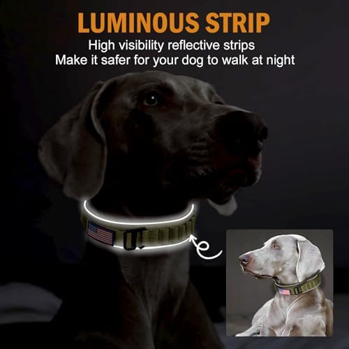 HYDEME Tactical Dog Collar, Alpine Loop Adjustable Military Training Nylon Dog Collars with Handle and Reflective for Small Medium Large Dogs, with Airtags Protective Case & Patches.(M,OliveGreen)