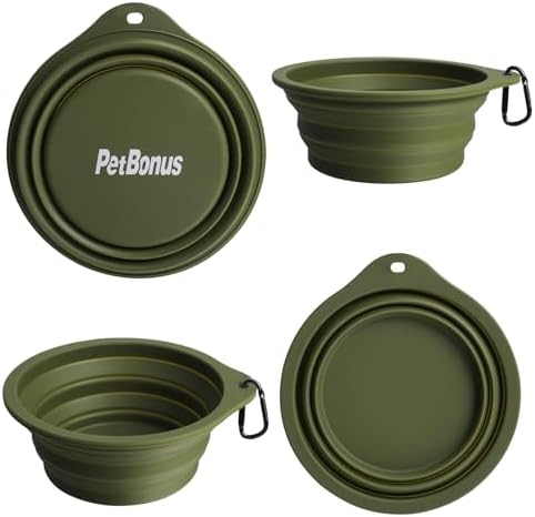 PetBonus 2-Pack Large Silicone Collapsible Dog Bowls, 34oz/1000ml BPA Free Portable Foldable Travel Bowl for Pet Cat, Food Water Feeding Dish for Camping with 2 Carabiners (Army Green, Blue)