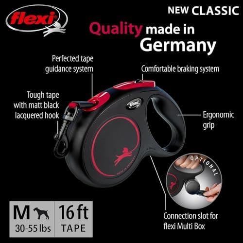 FLEXI® New Classic Tape Retractable Dog Leash, Medium 16ft -Black Red