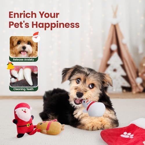 HGB Christmas Dog Toys, 4 Pack Plush Squeaky Dog Toys for Small Medium Breed with Dog Stocking to Keep Them Busy & Daily Companionship