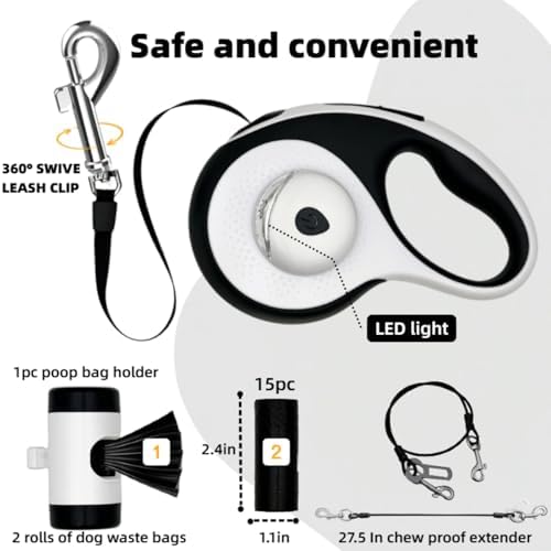 26ft Retractable Dog Leash for Large Dogs with Poop Bag Holder and LED Light,Heavy Duty Retractable Dog Leash with Chew Proof Extender,One-Hand Lock System,Impact-Resistant,Up to 110 lbs(Wihte)