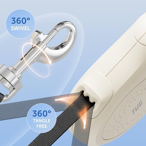 TUG Quest Retractable Dog Leash | 360° Tangle-Free | 16 ft Tape (M, Cream)
