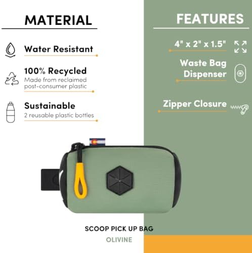 OllyDog Scoop Pick Up | Dog Poop Bag Holder | Lightweight & Water-Resistant Dispenser | Leash Attachment for Hands-Free Carry | Fits Standard Waste Bag Rolls (Olivine)
