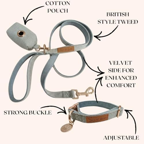 – Luxury 3-Piece Dog Walking Set – Adjustable Collar, 150 cm Leash, Poo Bag Holder – English Tweed & Soft Velvet – Elegant, Comfortable & Practical – 3 Colors
