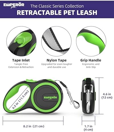 Emperor Pets Retractable Dog Leash, 26 ft, Up to 110lbs, Green -GR26